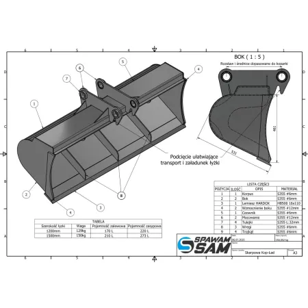 Rysunek techniczny przedstawiający łyżkę skarpową