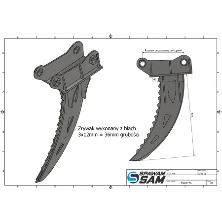 Zrywak do korzeni pojedynczy - RIPPER - do koparko-ładowarki